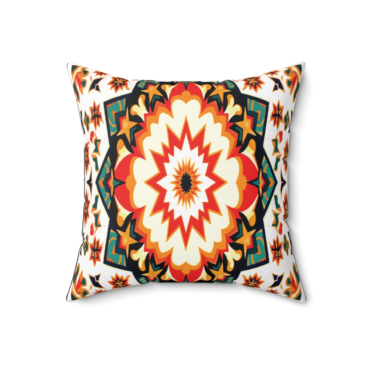Square throw pillow featuring a vibrant, African-inspired kaleidoscopic pattern. The central starburst in red, orange, yellow, and cream is surrounded by symmetrical geometric shapes in black, green, and orange on a white background.