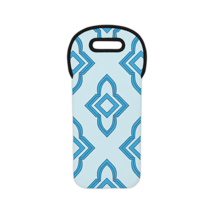 A light blue neoprene wine tote bag with a handle cutout at the top. This insulated bottle holder boasts a repeating geometric diamond pattern inspired by African design, with bold outlines and symmetrical shapes on a smooth background, trimmed in black.