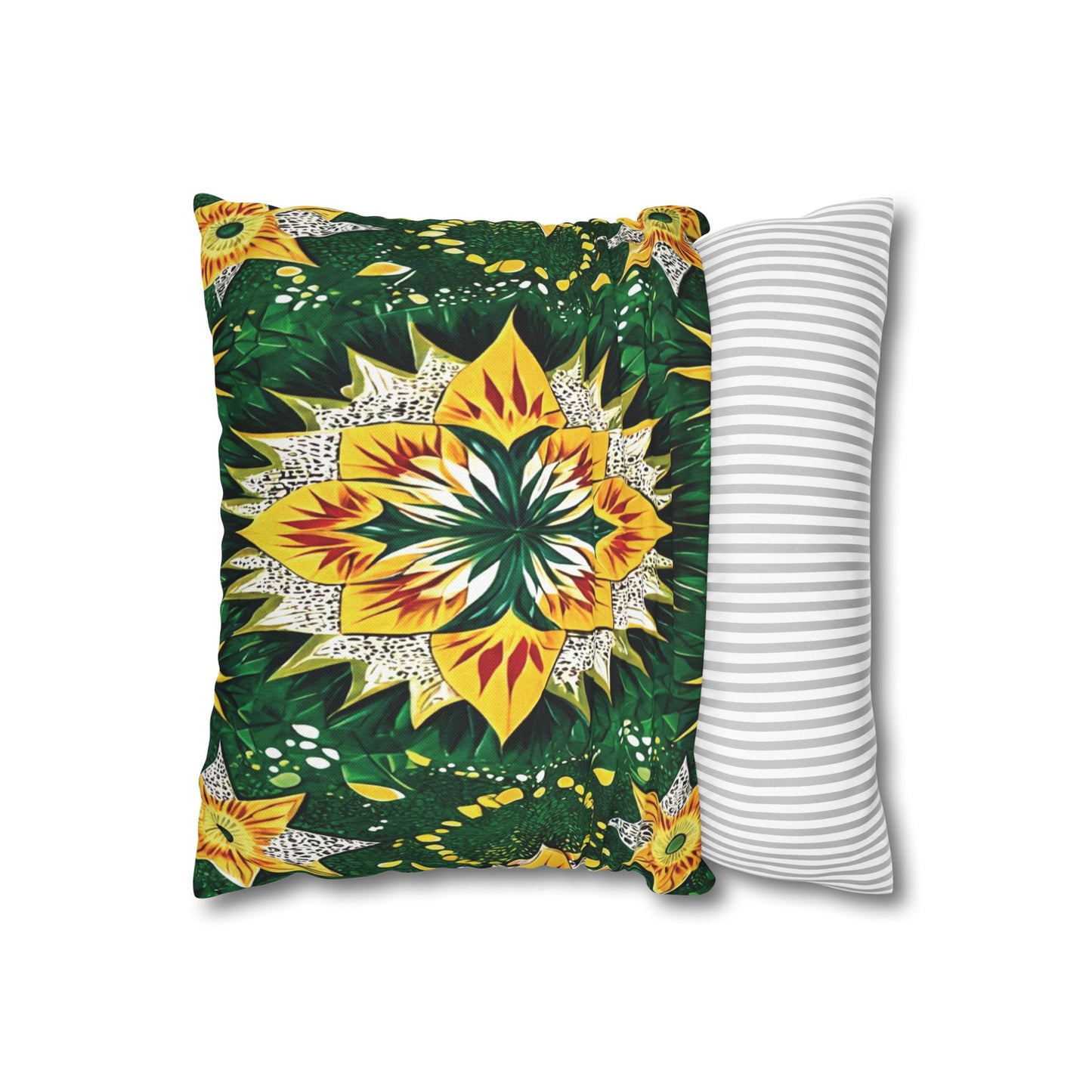 Two pillows lay side by side. The left pillow features vibrant African-inspired patterns in yellow, green, and white. The right pillow displays a simple design with horizontal gray and white stripes. Both are shown against a plain white background.