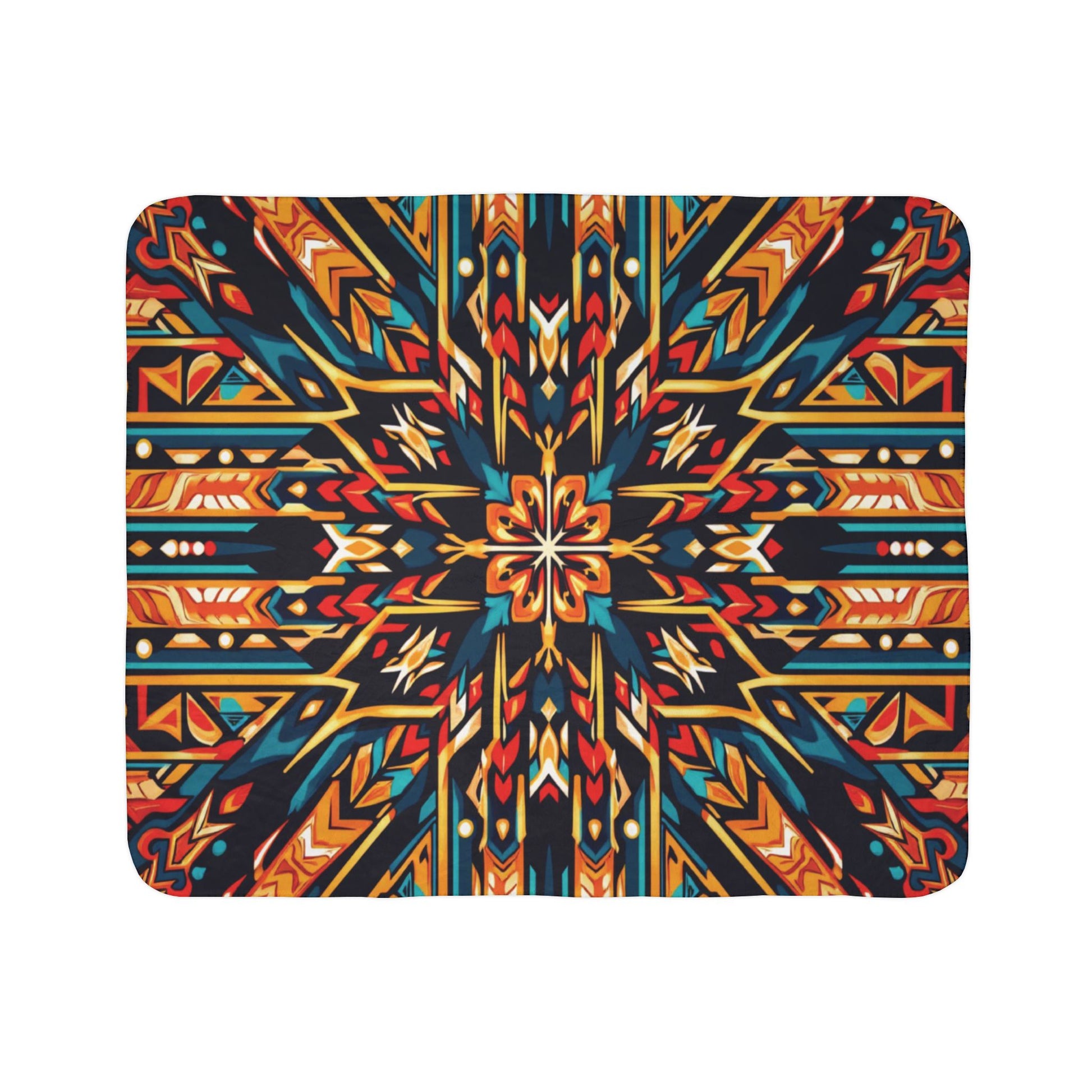 A vibrant African-inspired geometric pattern featuring symmetrical shapes in gold, red, blue, and black. The design radiates from the center, creating a kaleidoscopic effect with tribal motifs, zigzags, arrows, and chevrons on a rectangular background.