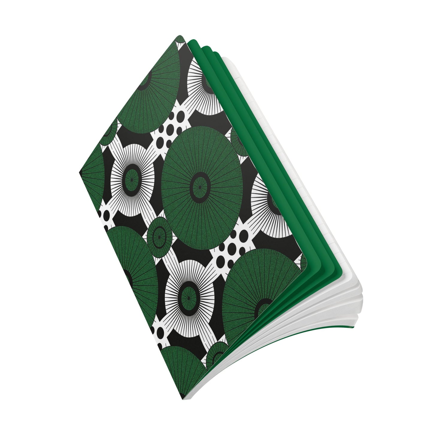 A notebook is shown open at an angle, featuring a bold cover design with green circular patterns, black accents, and white stripes. Perfect for daily journaling, this softcover journal has green-edged pages, creating a striking, modern look on a white background.