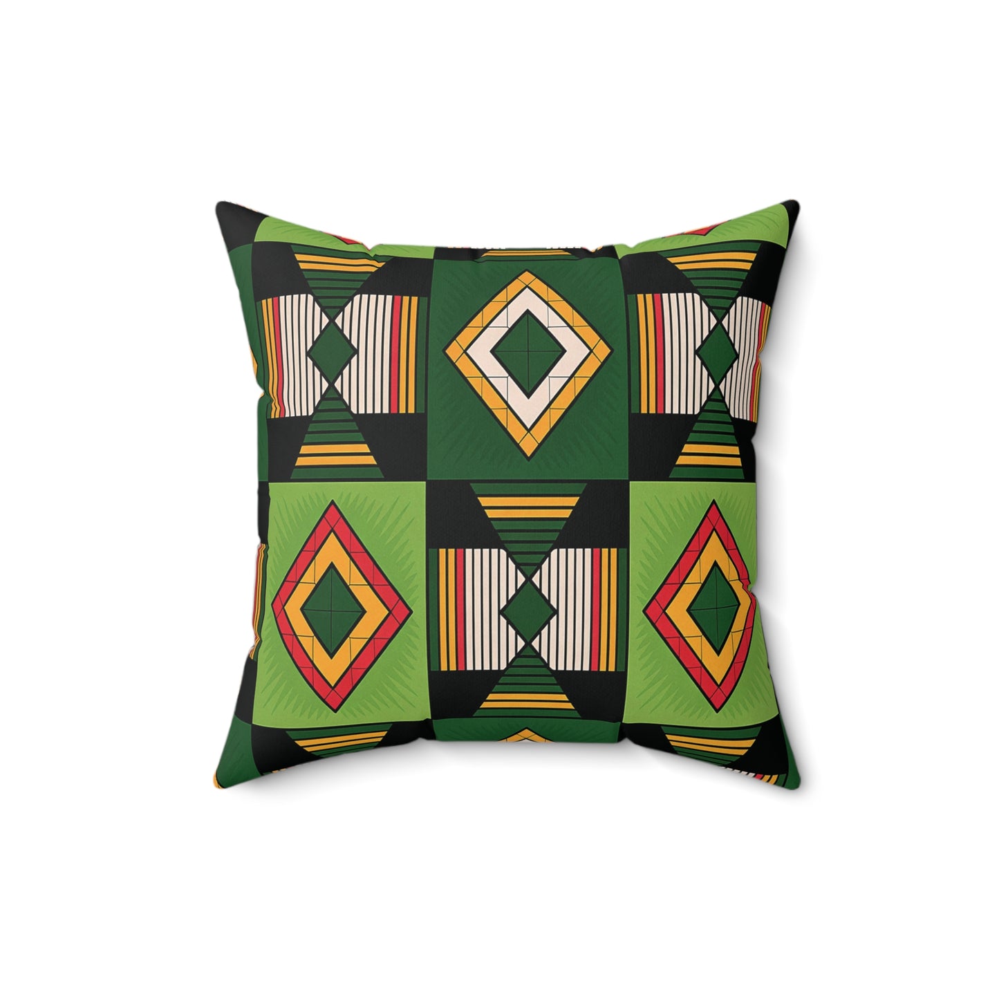A vibrant African accent pillow, this green and black throw pillow showcases a geometric pattern of diamonds and triangles in bold shades, crafted from soft faux suede for a striking, symmetrical look.