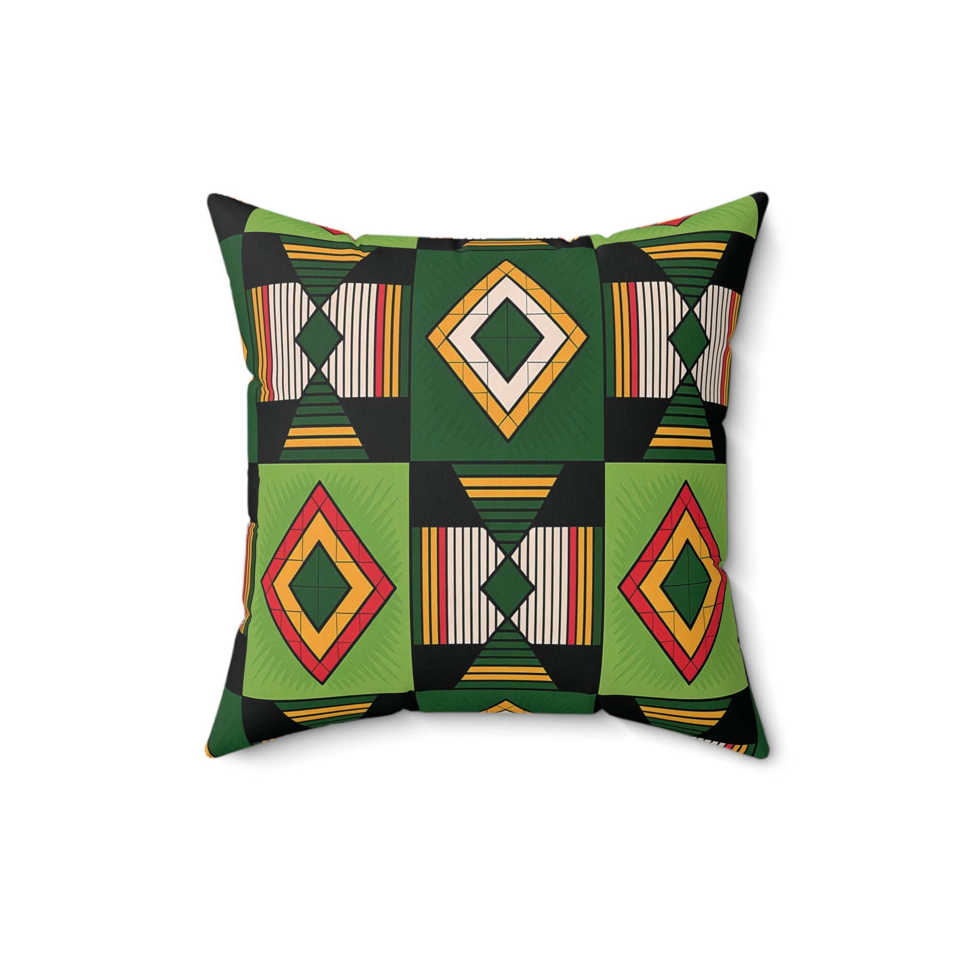A vibrant African accent pillow, this green and black throw pillow showcases a geometric pattern of diamonds and triangles in bold shades, crafted from soft faux suede for a striking, symmetrical look.