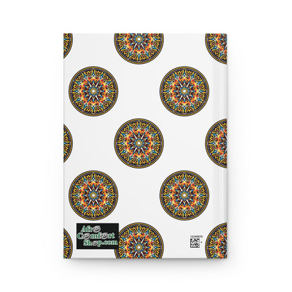A culturally-rich journal, this hardcover notebook features a white cover adorned with colorful mandala patterns. A black and green “AfroComfArt shop.com” sticker and a small QR code sit in the bottom left corner for added style.