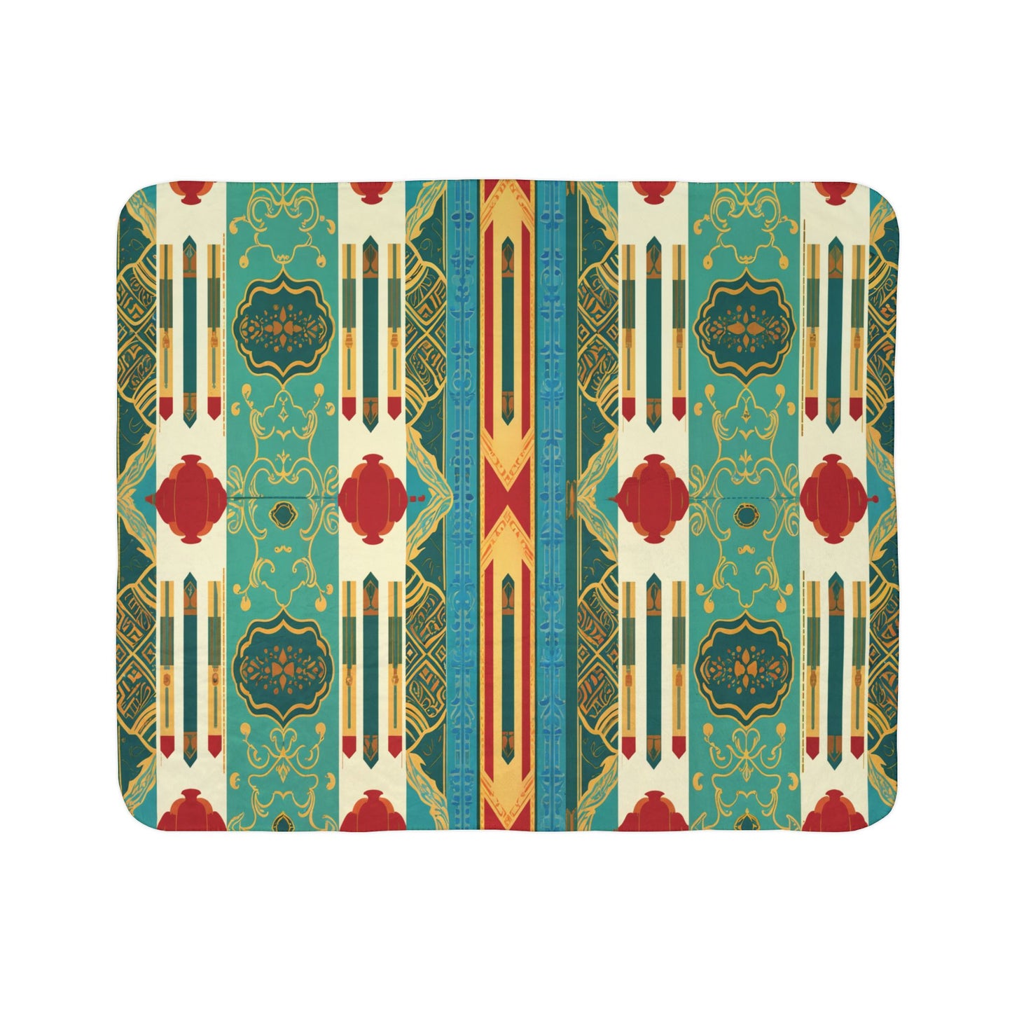 Rectangular mat with a vibrant, African-inspired Art Deco pattern. The design features vertical stripes of pencils, red diamond shapes, gold ornate motifs, and teal, cream, and yellow geometric backgrounds for a symmetrical vintage look.