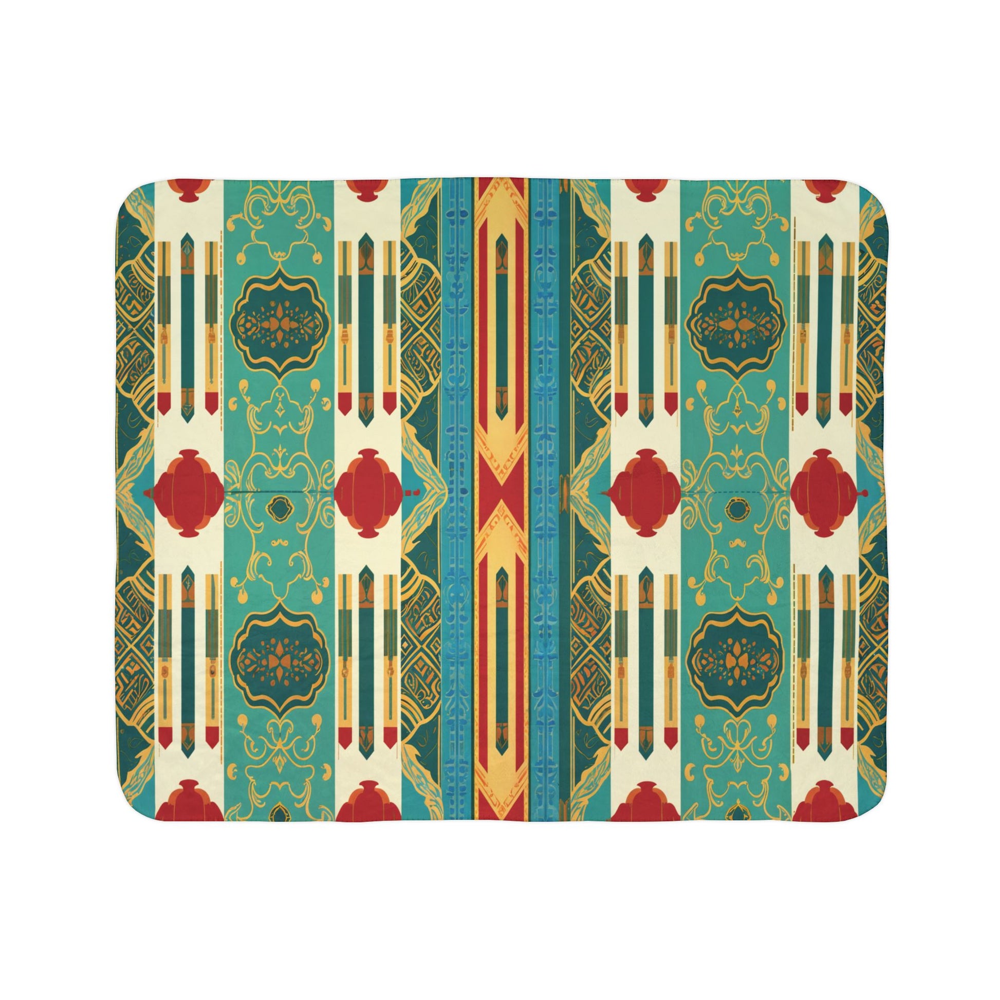 Rectangular mat with a vibrant, African-inspired Art Deco pattern. The design features vertical stripes of pencils, red diamond shapes, gold ornate motifs, and teal, cream, and yellow geometric backgrounds for a symmetrical vintage look.
