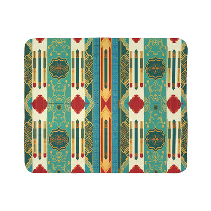 Rectangular mat with a vibrant, African-inspired Art Deco pattern. The design features vertical stripes of pencils, red diamond shapes, gold ornate motifs, and teal, cream, and yellow geometric backgrounds for a symmetrical vintage look.