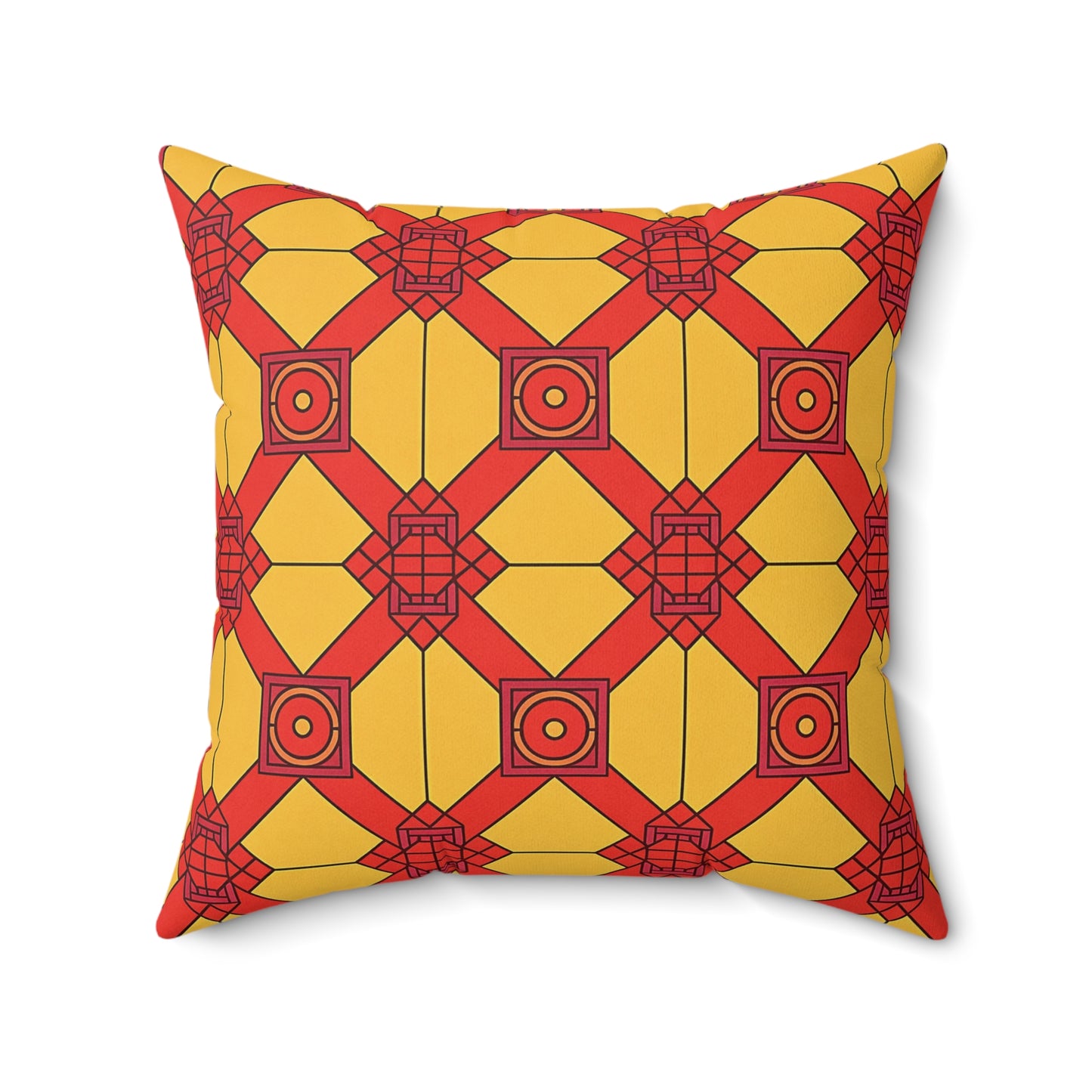 Square African accent pillow with a geometric pattern in yellow and red. Red interlocking diamonds, yellow hexagons, and outlined squares with unique motifs stand out on a white background for a stylish touch.