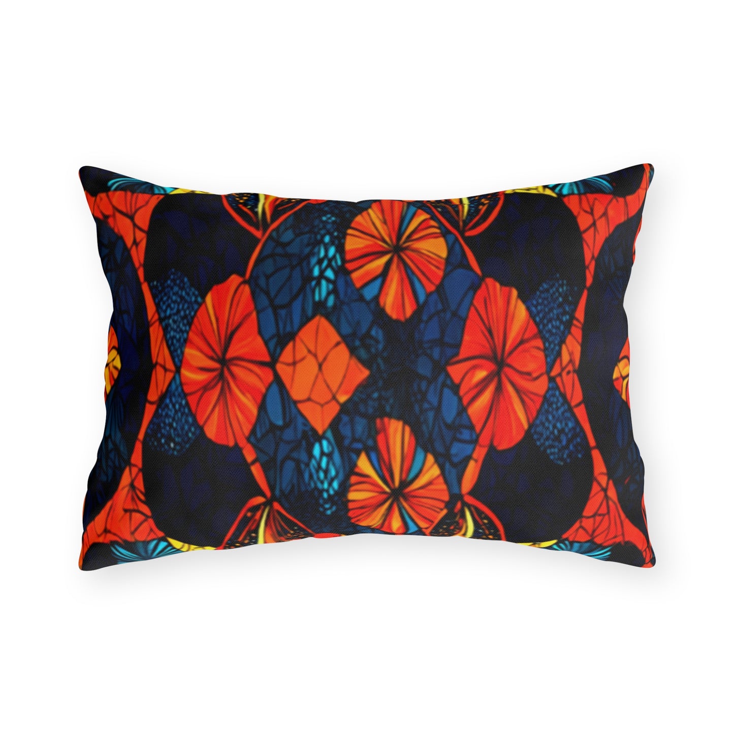 A rectangular outdoor pillow features a bold, symmetrical abstract pattern with vibrant orange, red, and yellow floral shapes on a dark blue and black background. UV-resistant and water-resistant, it creates a striking design against a plain white backdrop.