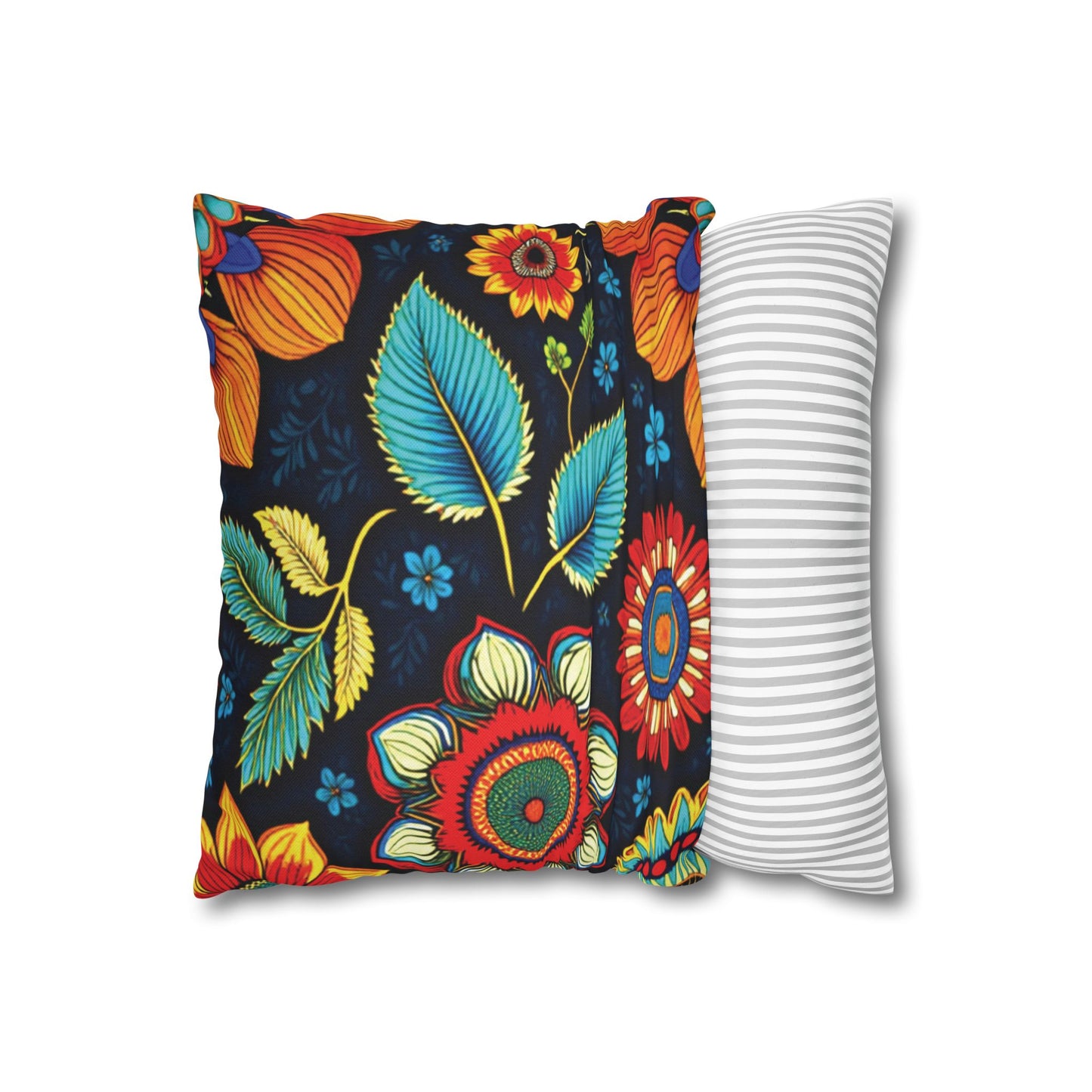 Two pillows are shown: one with vibrant, African-inspired pillowcases featuring bold, colorful floral patterns on a black background; the other pillow has a simple white and light gray horizontal stripe pattern. Both are set against a white background.