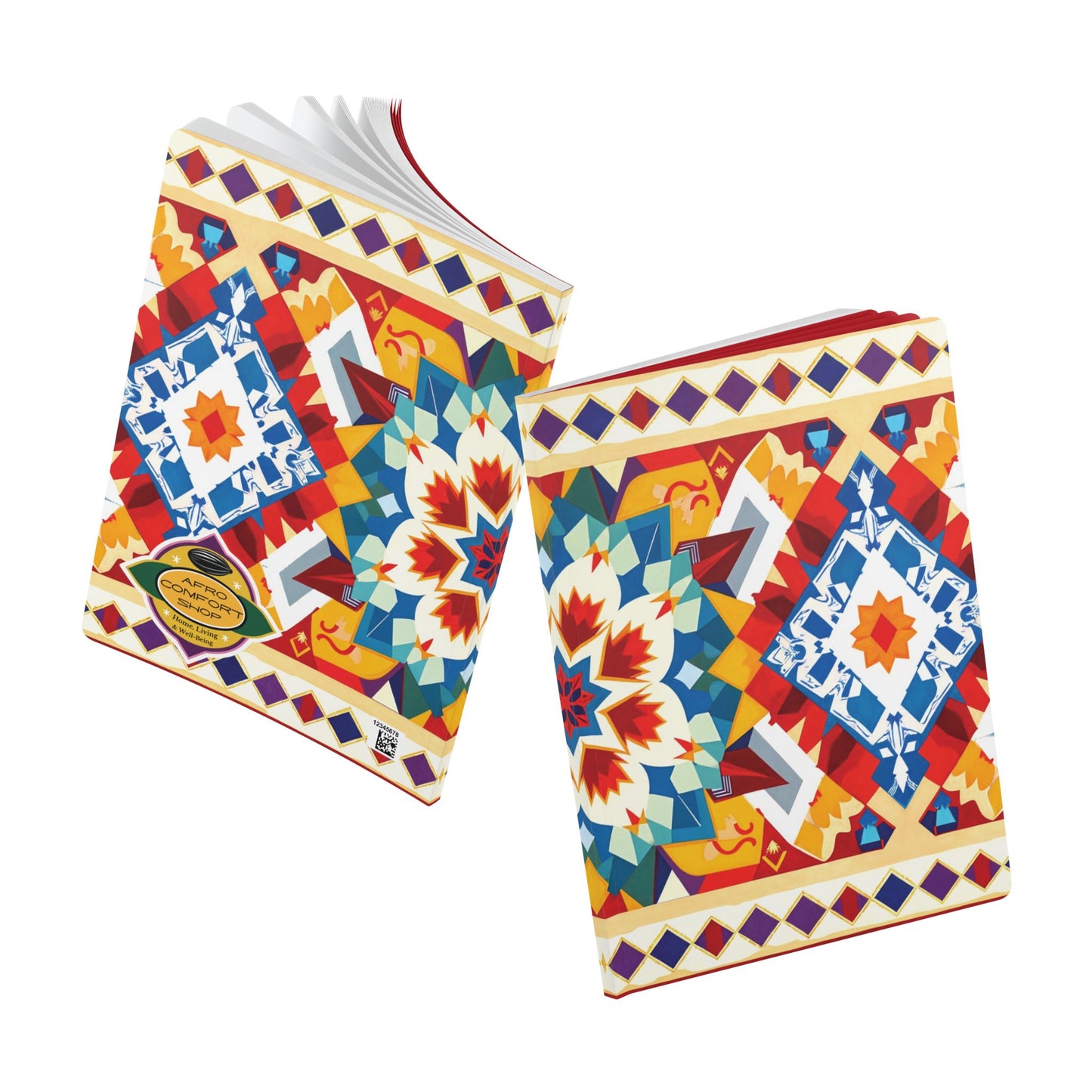 Two notebooks with colorful, geometric, and symmetrical patterns in red, blue, yellow, and white. The covers, reminiscent of an African-inspired journal, feature diamond and star shapes. Both notebooks are slightly open, showing white pages inside.