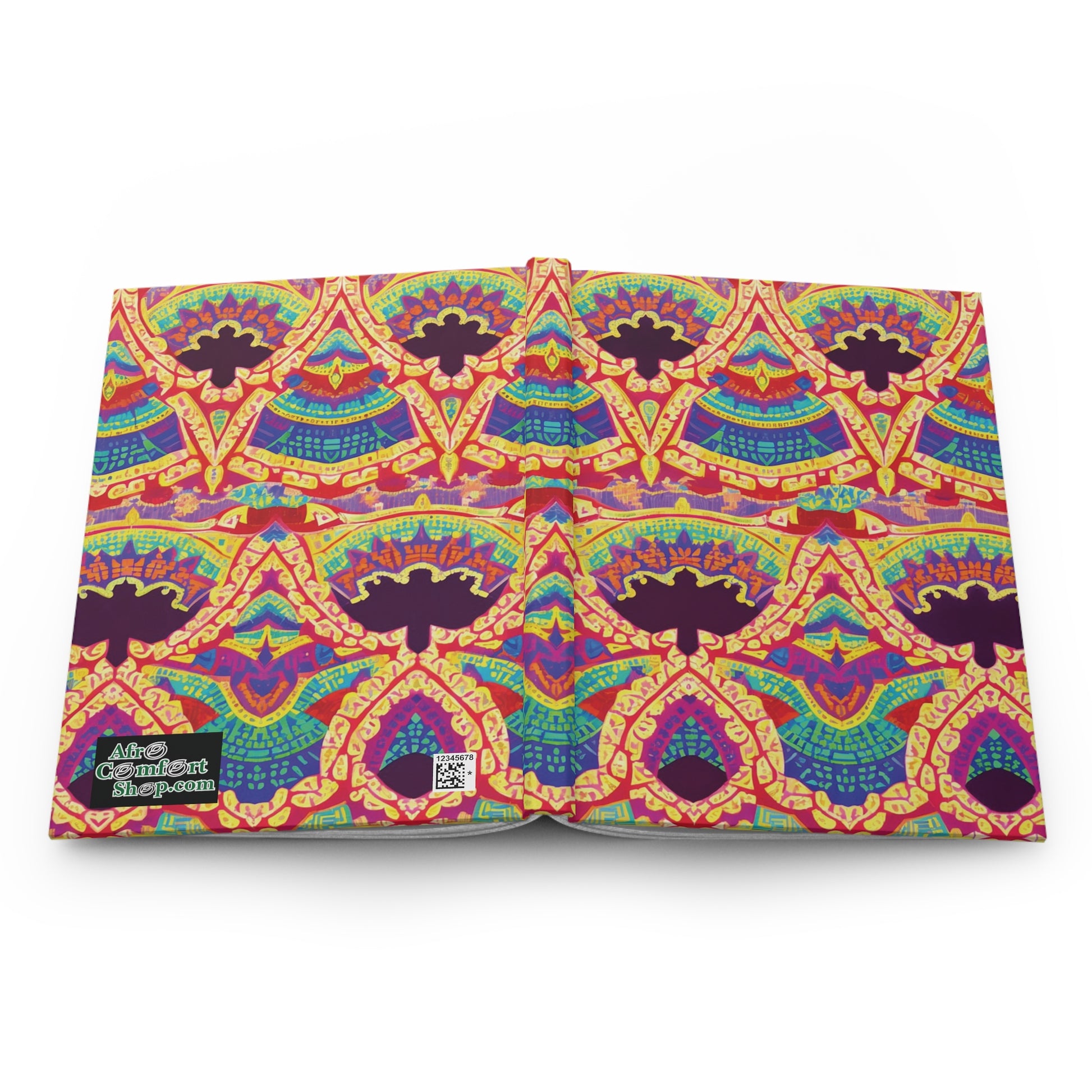 An open African-inspired hardcover journal displays a vibrant, symmetrical pattern in red, yellow, teal, and purple, resembling ornate stained glass. The lower left corner features text and a QR code. A white background highlights the colorful design.