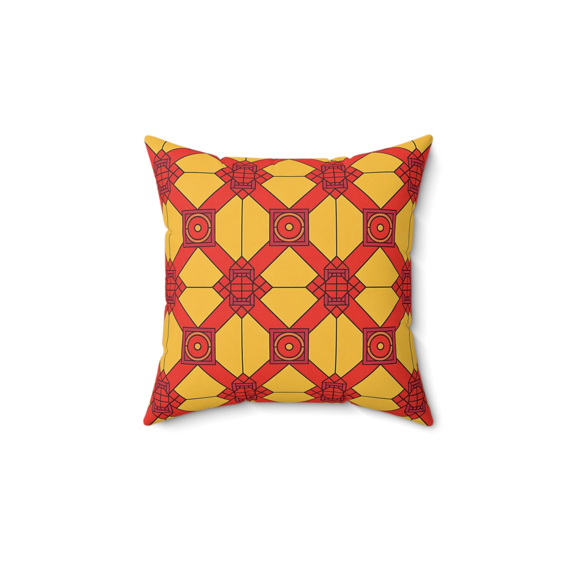 A square African inspired accent pillow with a geometric pattern in red and yellow. Interlocking squares, hexagons, and circles outlined in black create a symmetrical, visually striking look against a white background.