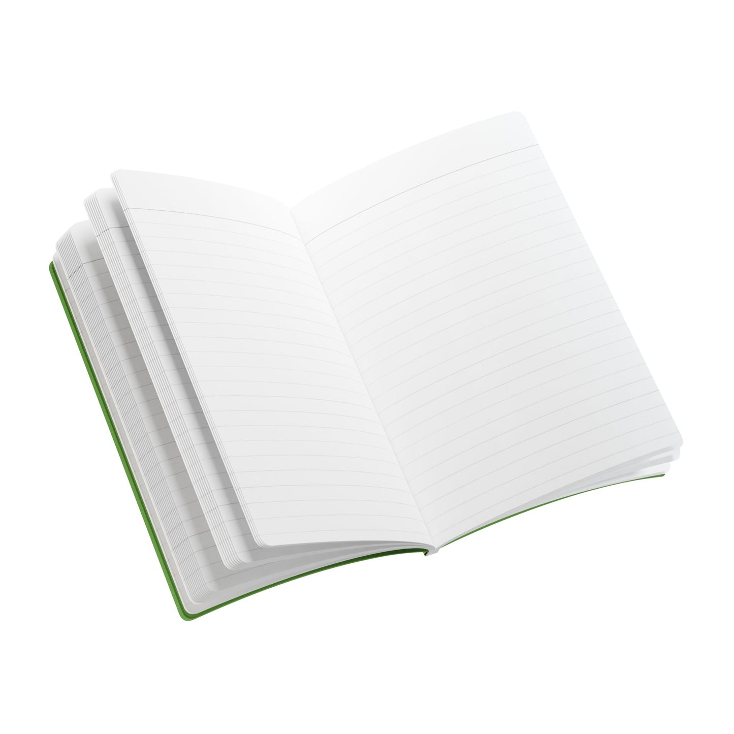 An open creative journal with a green spine is shown from a slight angle. The white, lightly lined pages appear to be flipping, suggesting moments of daily journaling. The background is pure white, with no other objects present.