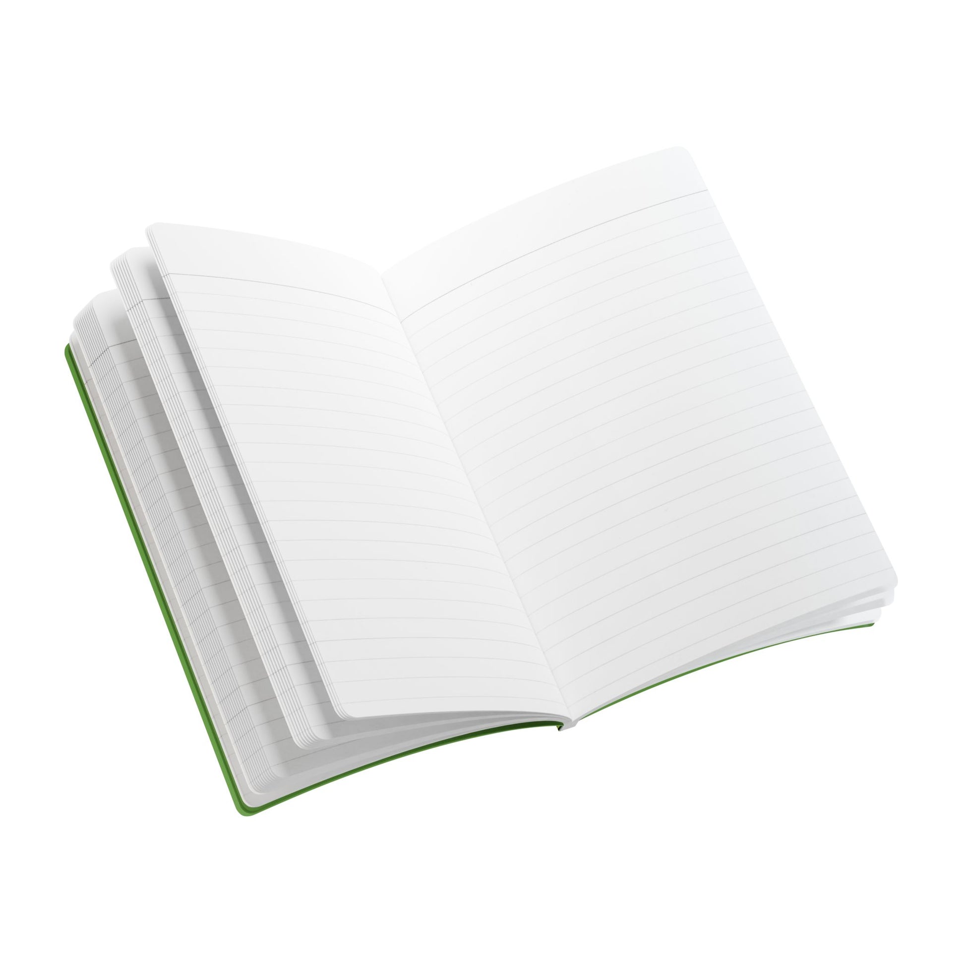 An open creative journal with a green spine is shown from a slight angle. The white, lightly lined pages appear to be flipping, suggesting moments of daily journaling. The background is pure white, with no other objects present.