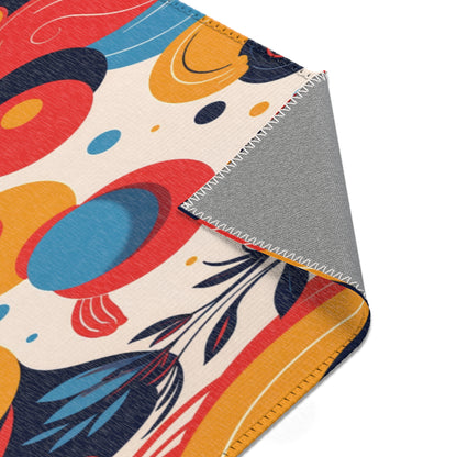 A close-up of a blanket with a colorful abstract pattern in red, blue, yellow, and black on a cream background. The corner is folded to reveal the solid gray underside, white zigzag stitching, and durable polyester chenille for stylish home decor.