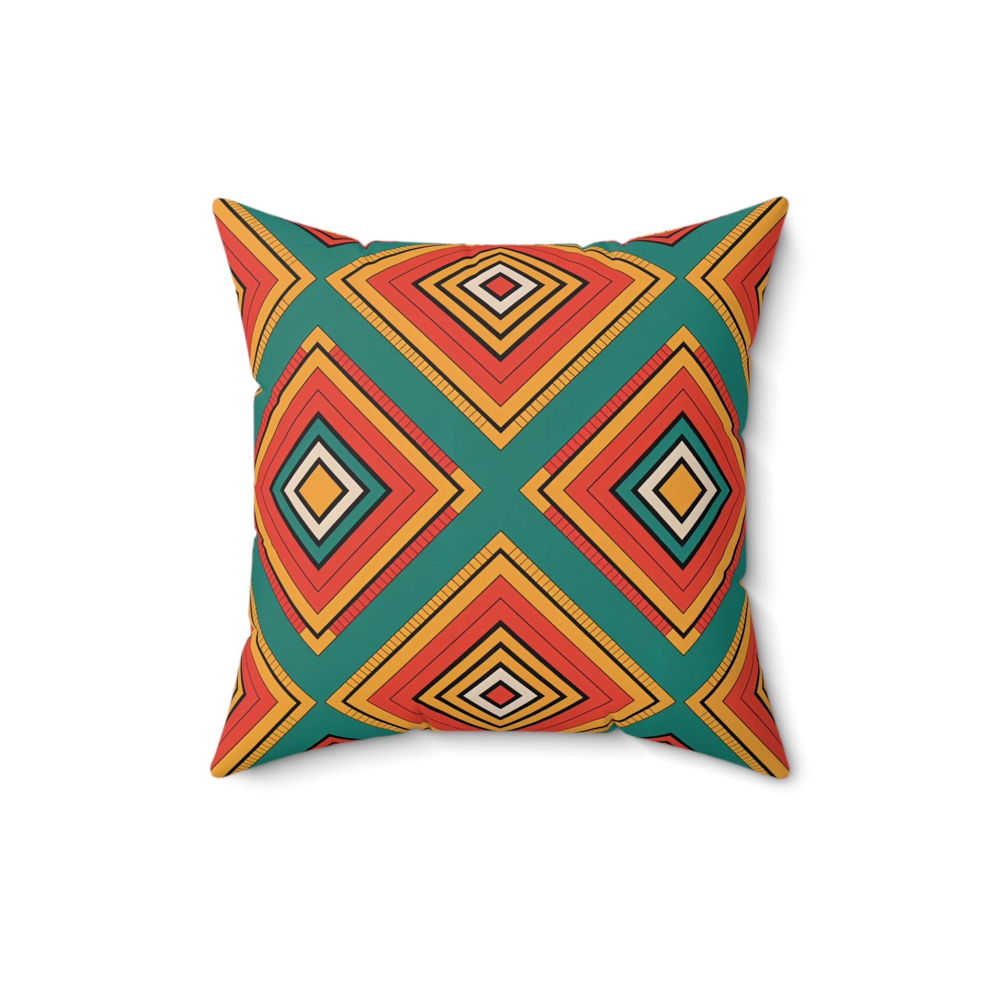 Square faux suede pillow with a geometric pattern of concentric diamonds in orange, yellow, red, and black on a teal background. The vibrant, symmetrical design adds a bold, modern touch. Pillow is photographed on a white surface with no visible background.