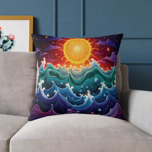 A colorful accent pillow featuring vibrant, swirling ocean waves beneath a radiant sun and colorful sky rests on a light gray sofa against a blue wall, adding vibrant home decor to the space. A framed cactus print is partially visible in the background.
