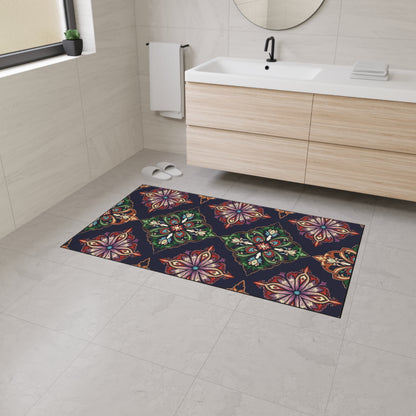 A modern bathroom with light beige tiles, a wooden vanity, and a round mirror. The colorful rectangular rug features ornate floral and geometric patterns inspired by African-inspired aesthetics on a dark background.