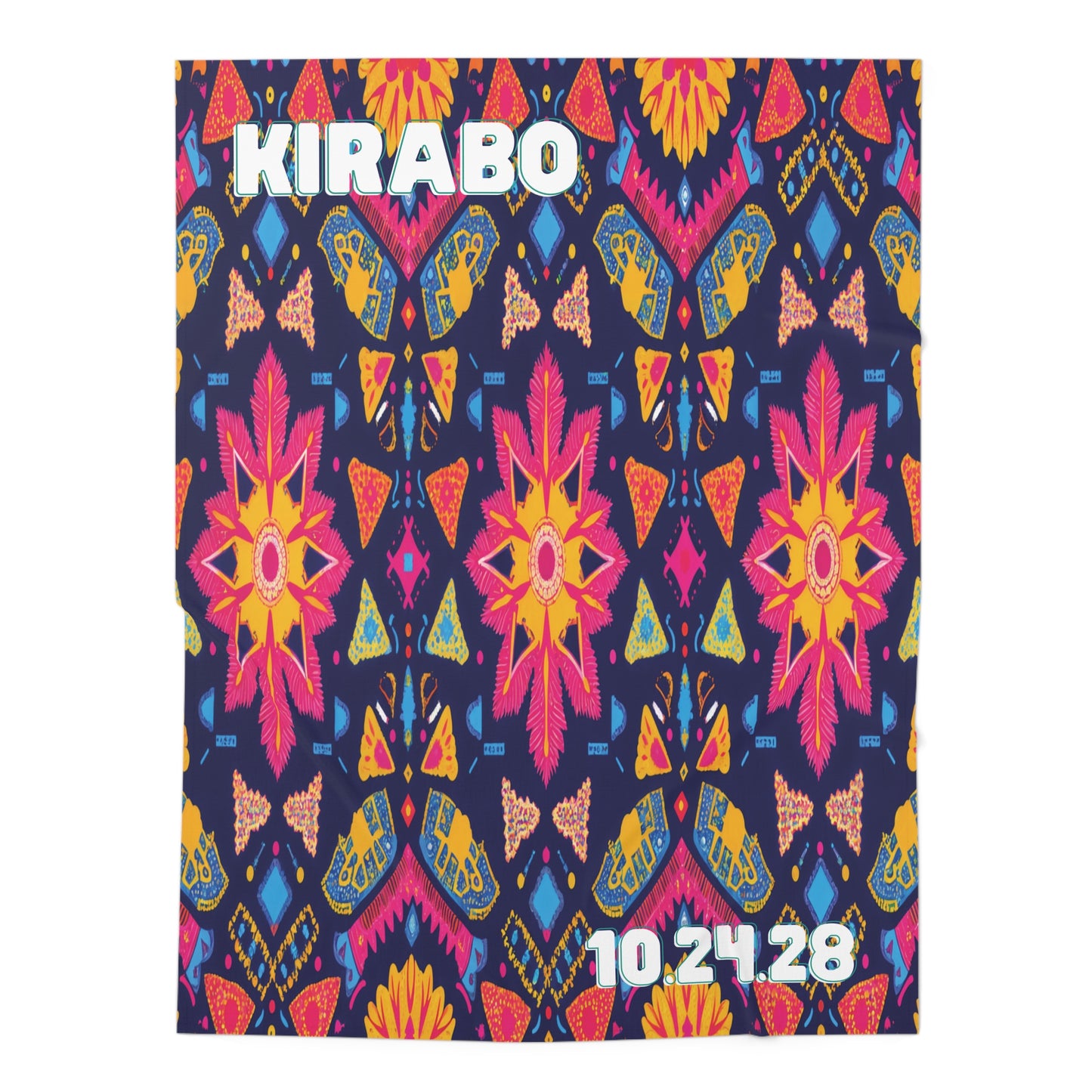 A colorful, symmetrical pattern featuring pink and orange flowers, yellow butterflies, and geometric shapes on a navy background—perfect as a personalized baby blanket or swaddle blanket for African-inspired decor. "KIRABO" is in bold white at the top left, “10.24.28” bottom right.