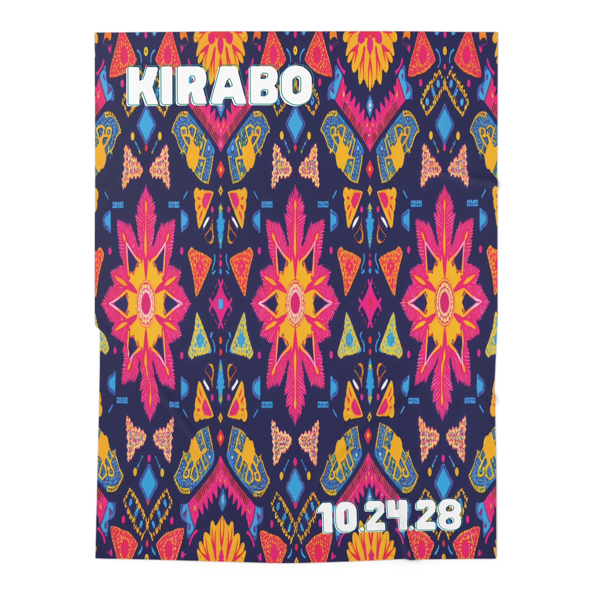 A colorful, symmetrical pattern featuring pink and orange flowers, yellow butterflies, and geometric shapes on a navy background—perfect as a personalized baby blanket or swaddle blanket for African-inspired decor. "KIRABO" is in bold white at the top left, “10.24.28” bottom right.
