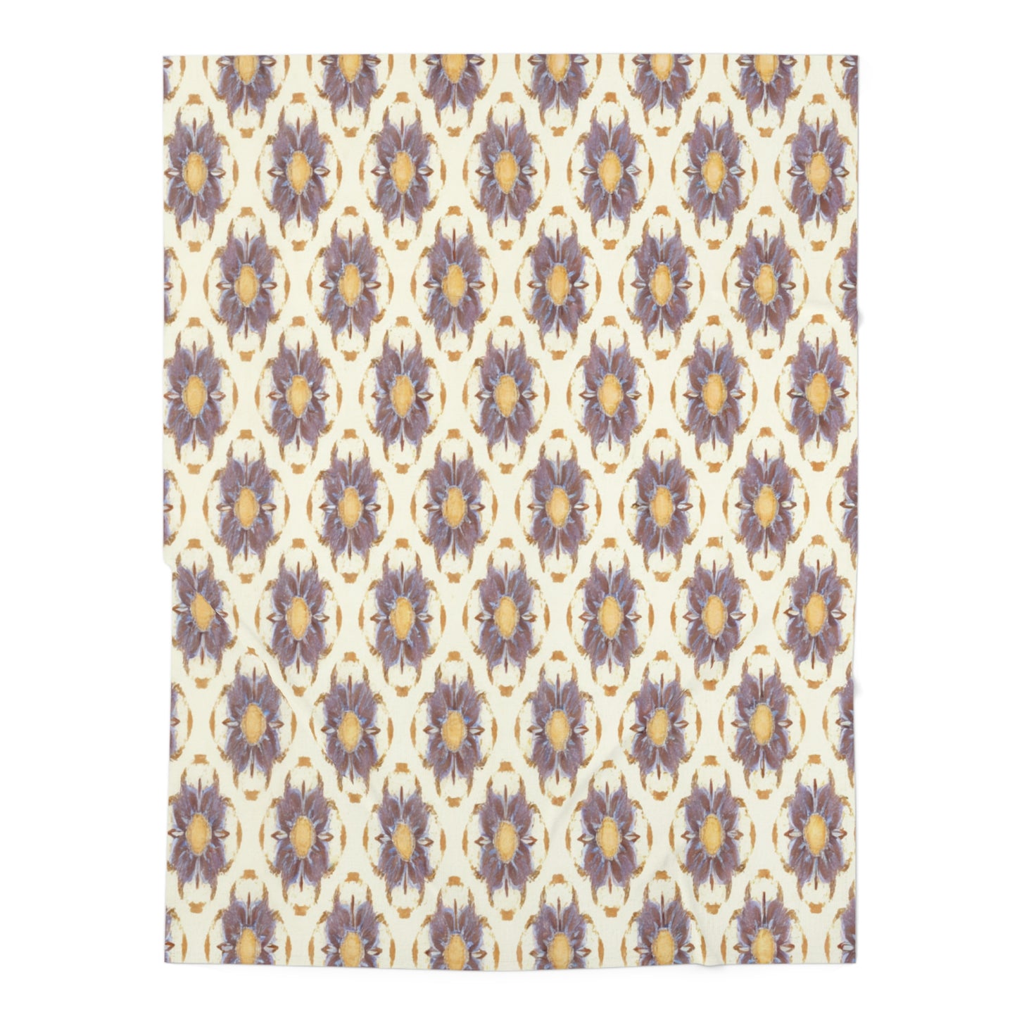 Repetition of large, stylized purple and gold flowers with yellow centers on a cream background creates a symmetrical, vintage look—perfect for African-inspired decor or as a custom swaddle blanket with timeless charm.