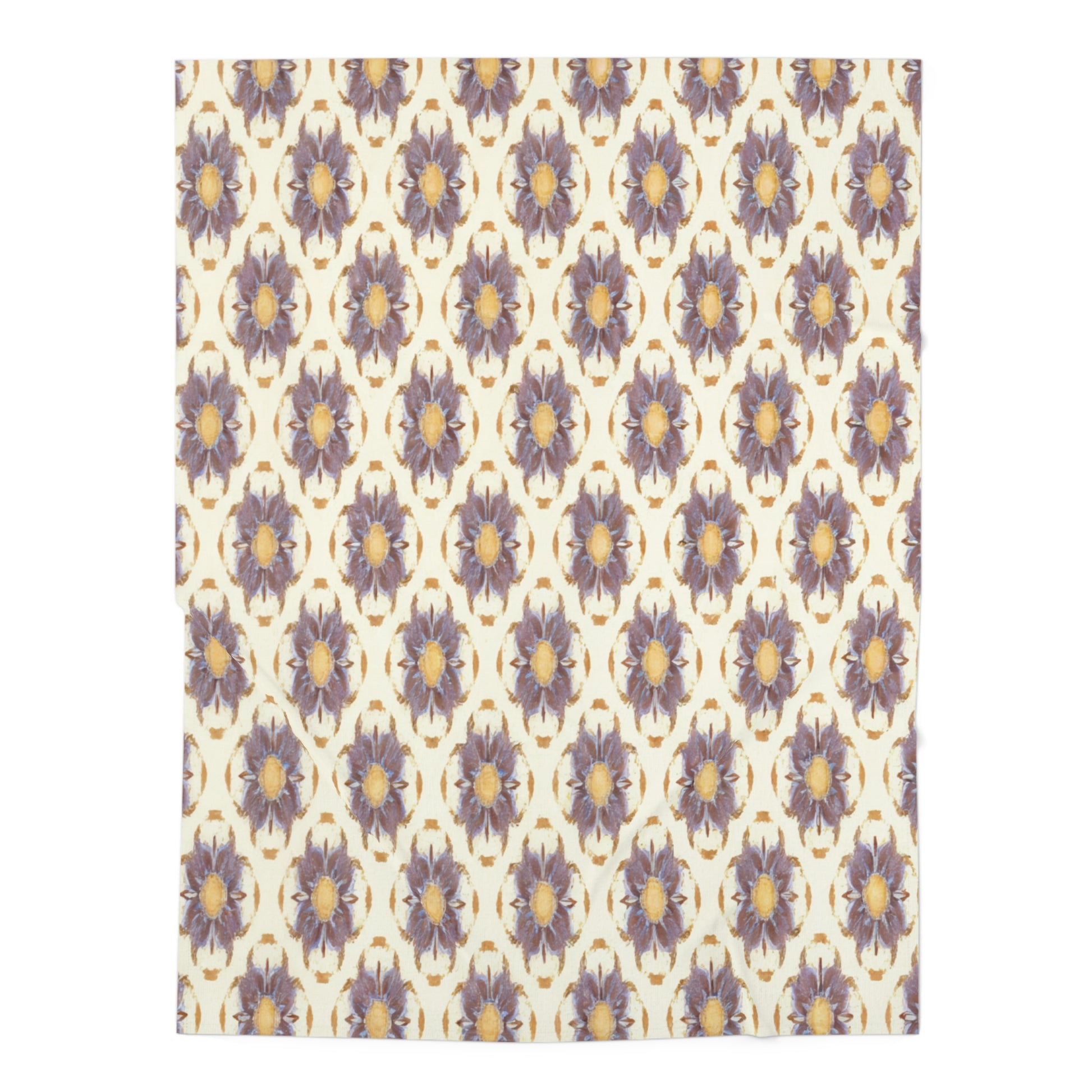 Repetition of large, stylized purple and gold flowers with yellow centers on a cream background creates a symmetrical, vintage look—perfect for African-inspired decor or as a custom swaddle blanket with timeless charm.