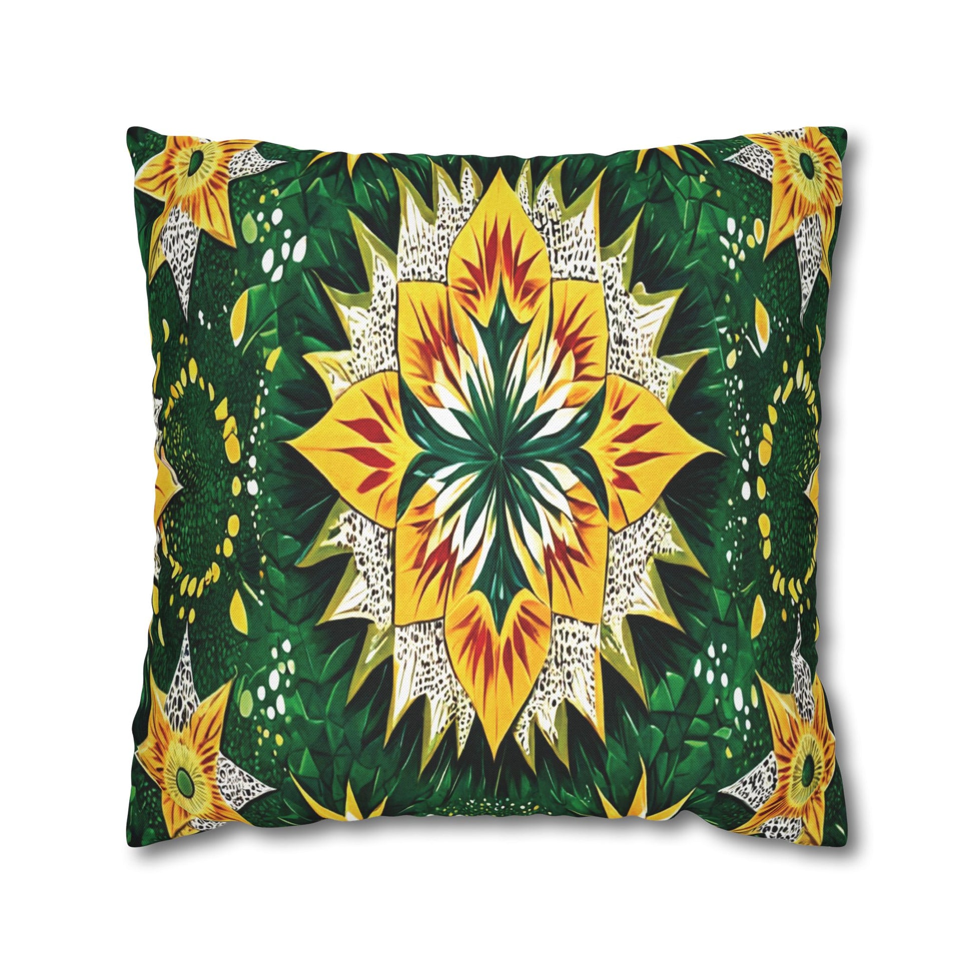 Rectangular pillow featuring vibrant African patterns in yellow, green, and white starburst shapes and leaf-like details, forming a symmetrical, floral-inspired mandala design on a white background—a stunning choice for vibrant pillowcases.