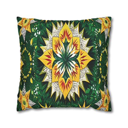 Rectangular pillow featuring vibrant African patterns in yellow, green, and white starburst shapes and leaf-like details, forming a symmetrical, floral-inspired mandala design on a white background—a stunning choice for vibrant pillowcases.