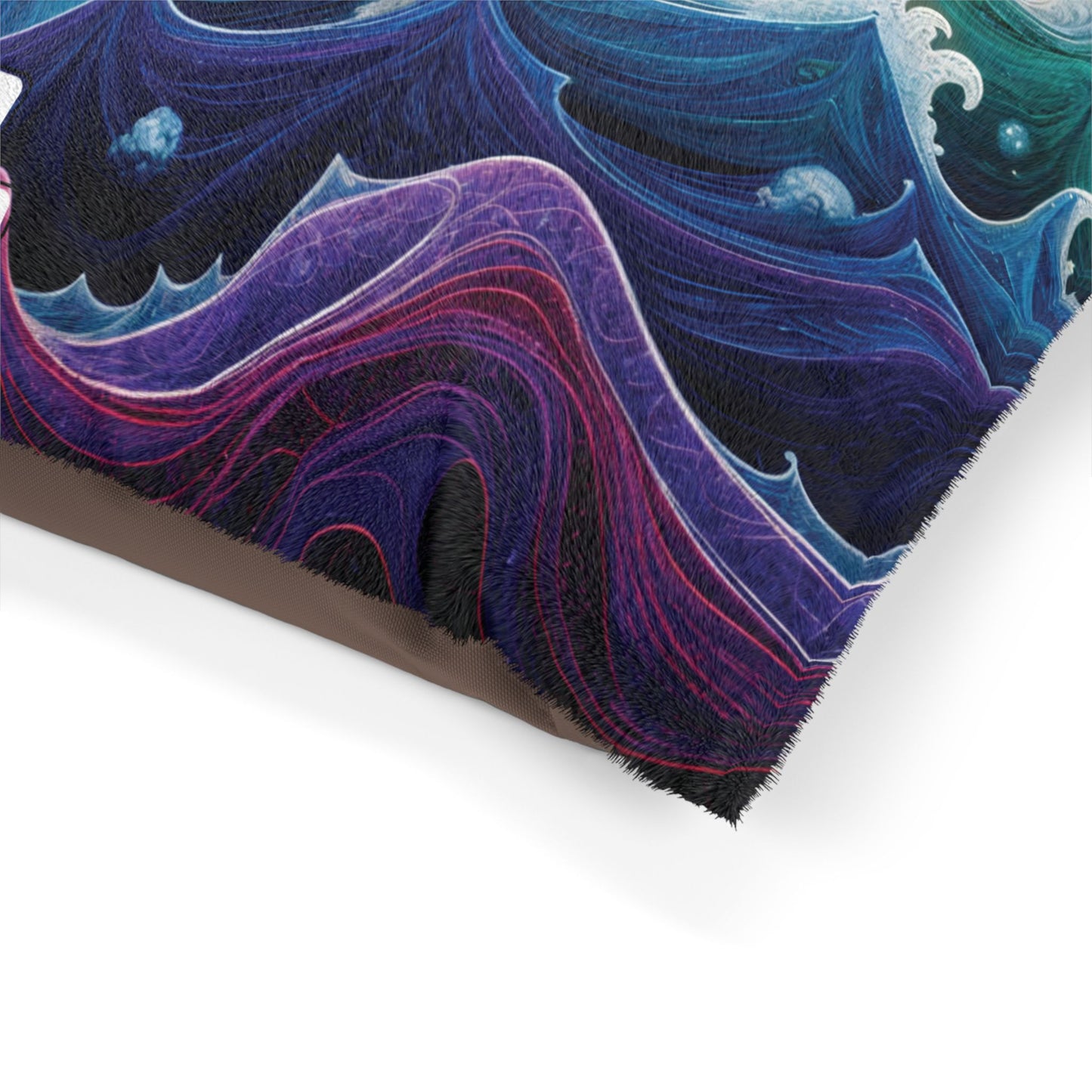 Close-up of a cushion with artwork depicting swirling ocean waves and a stylized purple sea serpent, set against a dark background. The durable construction and slightly fluffy texture promise luxurious comfort for any personalized pet bed.