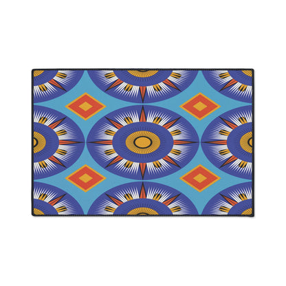 A geometric pattern featuring large circular blue and orange starbursts, perfect for African-inspired decor. Symmetrical and vibrant, this design makes stunning custom floor mats with bold colors, clean lines, and a non-slip rubber backing.