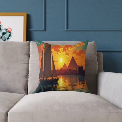 A colorful accent pillow on a gray sofa features a vivid sailboat scene at sunset, with orange skies, glowing sun, and silhouettes of pyramids and palm trees. The sofa sits against a blue wall with framed cactus artwork nearby.