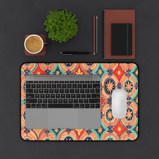 A top-down view of a workspace with a laptop and mouse on a vibrant Neoprene desk mat. Nearby are a cup of coffee, green potted plant, two notebooks (one brown, one black), pencil, and pen—all arranged on a dark surface.