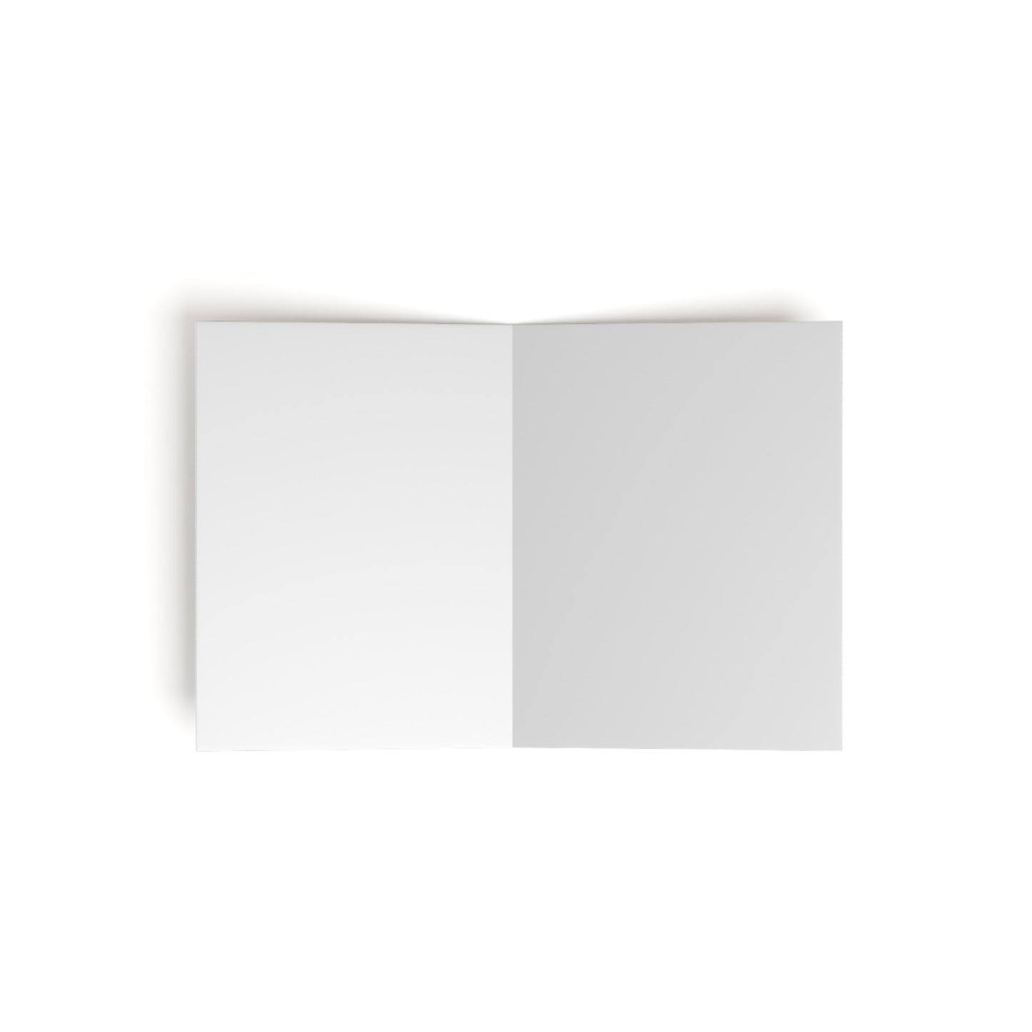 An open blank book or card is shown from above on a white background. Both visible pages are empty and white, with a slight shadow along the spine, evoking a premium stationery feel with its simple and minimalistic appearance.