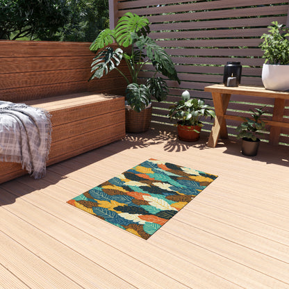 A wooden deck with an African-inspired tropical leaf-patterned rug, a built-in wooden bench with a gray throw, green potted plants, and a small table holding a coffee pot, mug, and plant; sunlight streams through a slatted privacy screen.