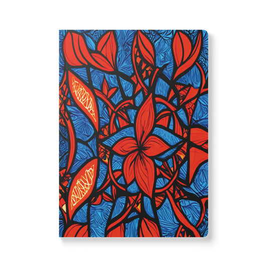 A creative journal with a vibrant cover design featuring bold red and orange abstract flowers outlined in black, set against a blue background with intricate leaf patterns. The overall style is dynamic, artistic, and perfect for daily journaling.