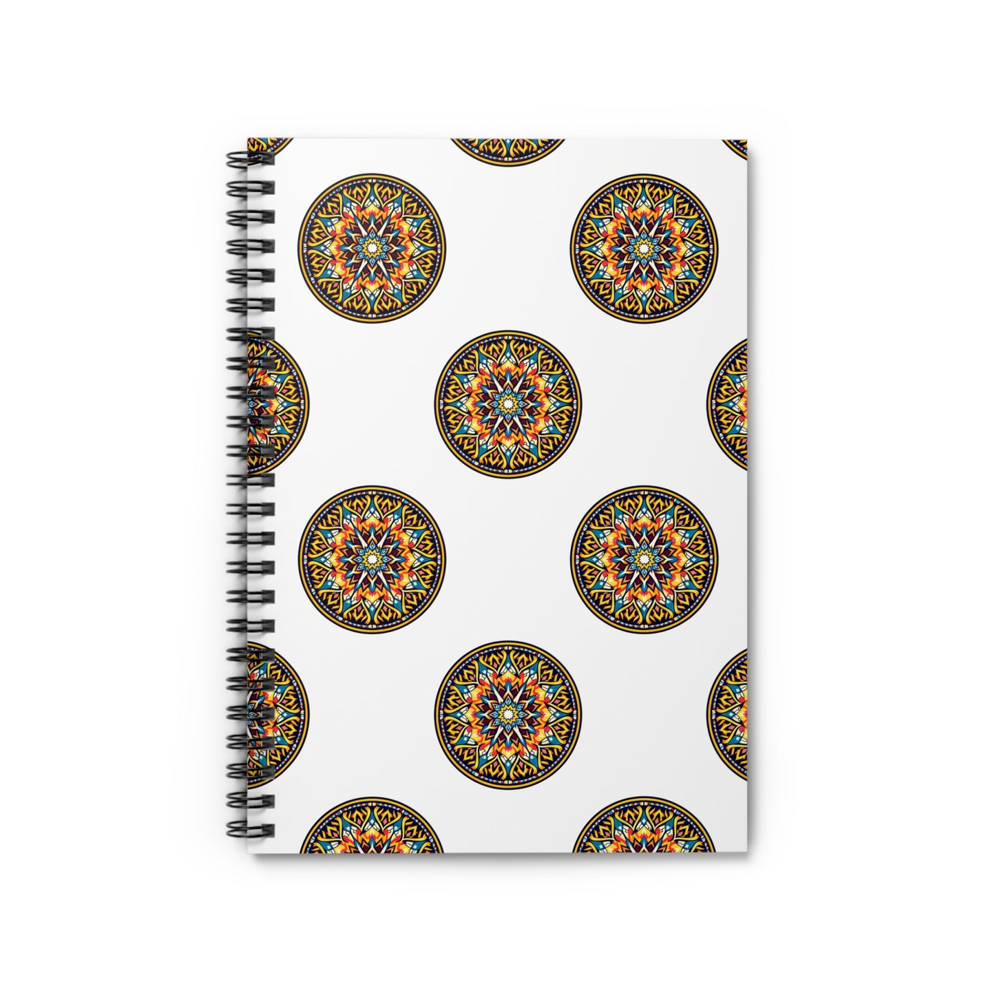A spiral-bound notebook with a white cover featuring a repeating pattern of colorful, intricate mandala designs arranged in evenly spaced circles. Enjoy culturally inspired designs for a premium writing experience with orange, blue, yellow, and green accents.