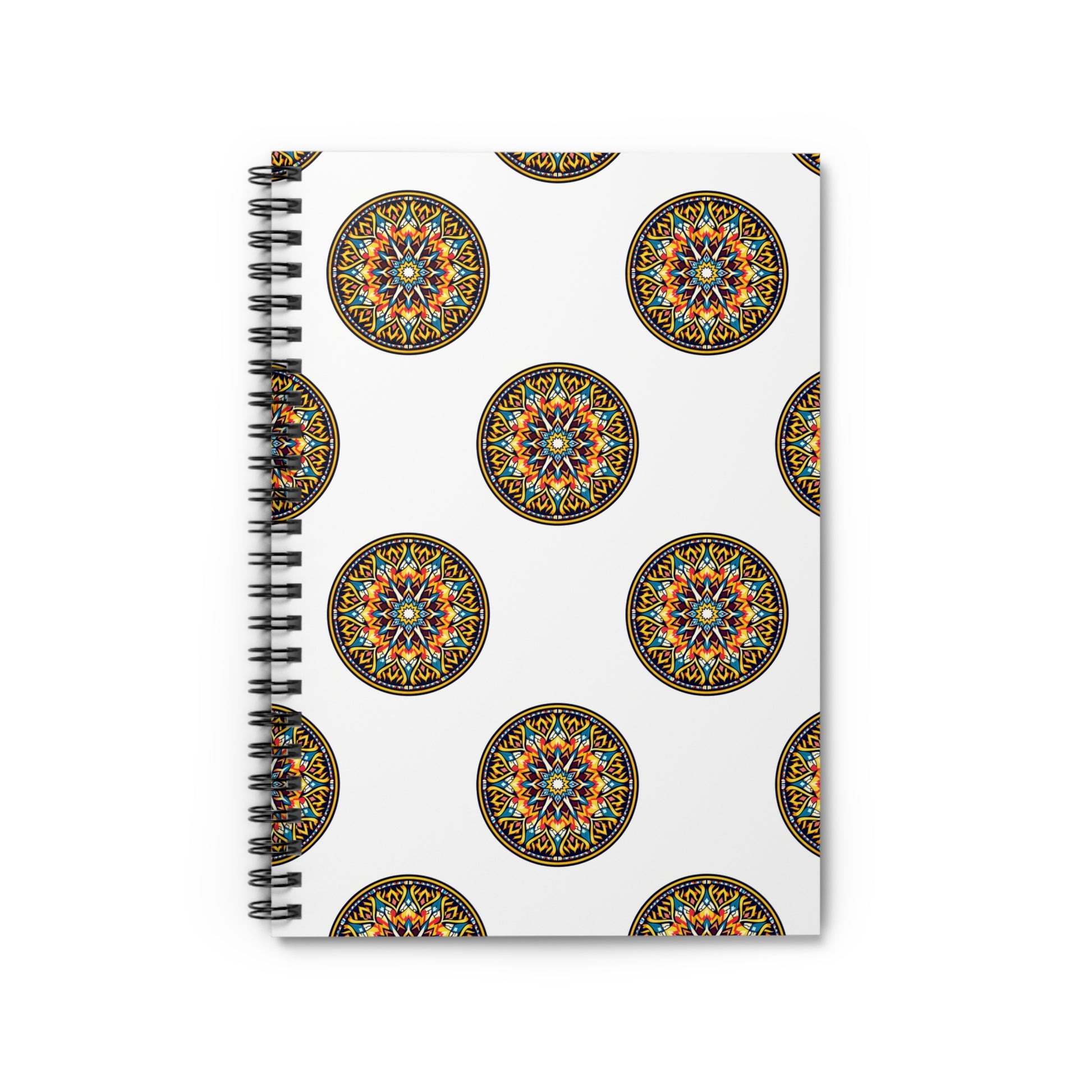 A spiral-bound notebook with a white cover featuring a repeating pattern of colorful, intricate mandala designs arranged in evenly spaced circles. Enjoy culturally inspired designs for a premium writing experience with orange, blue, yellow, and green accents.