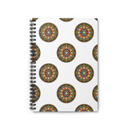 A spiral-bound notebook with a white cover featuring a repeating pattern of colorful, intricate mandala designs arranged in evenly spaced circles. Enjoy culturally inspired designs for a premium writing experience with orange, blue, yellow, and green accents.