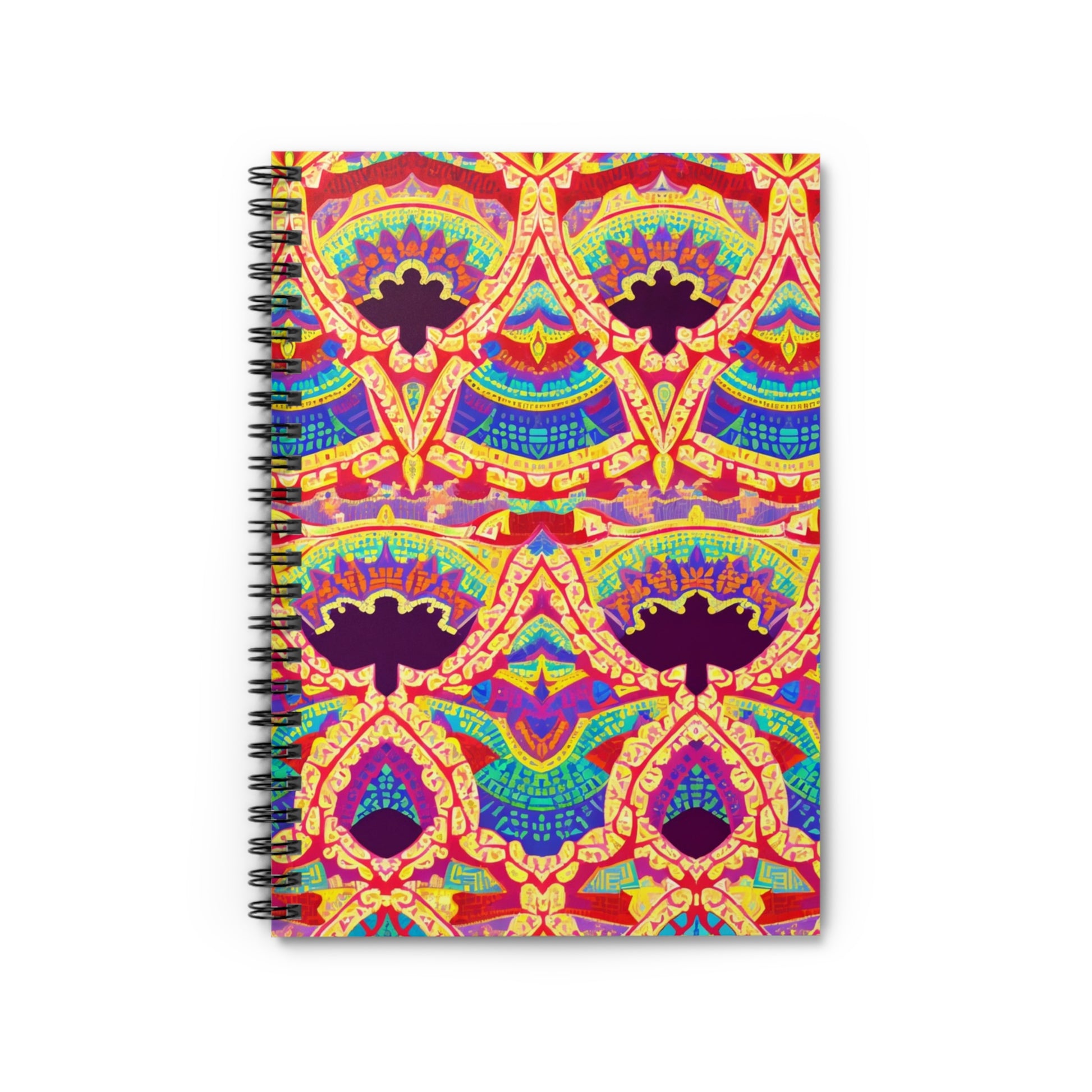 A spiral-bound notebook with a vibrant, symmetrical pattern in red, yellow, purple, blue, and green features culturally inspired designs with geometric and floral shapes. The closed African-inspired spiral notebook rests against a white background.