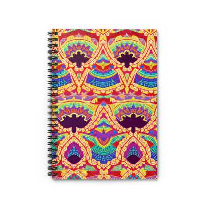A spiral-bound notebook with a vibrant, symmetrical pattern in red, yellow, purple, blue, and green features culturally inspired designs with geometric and floral shapes. The closed African-inspired spiral notebook rests against a white background.