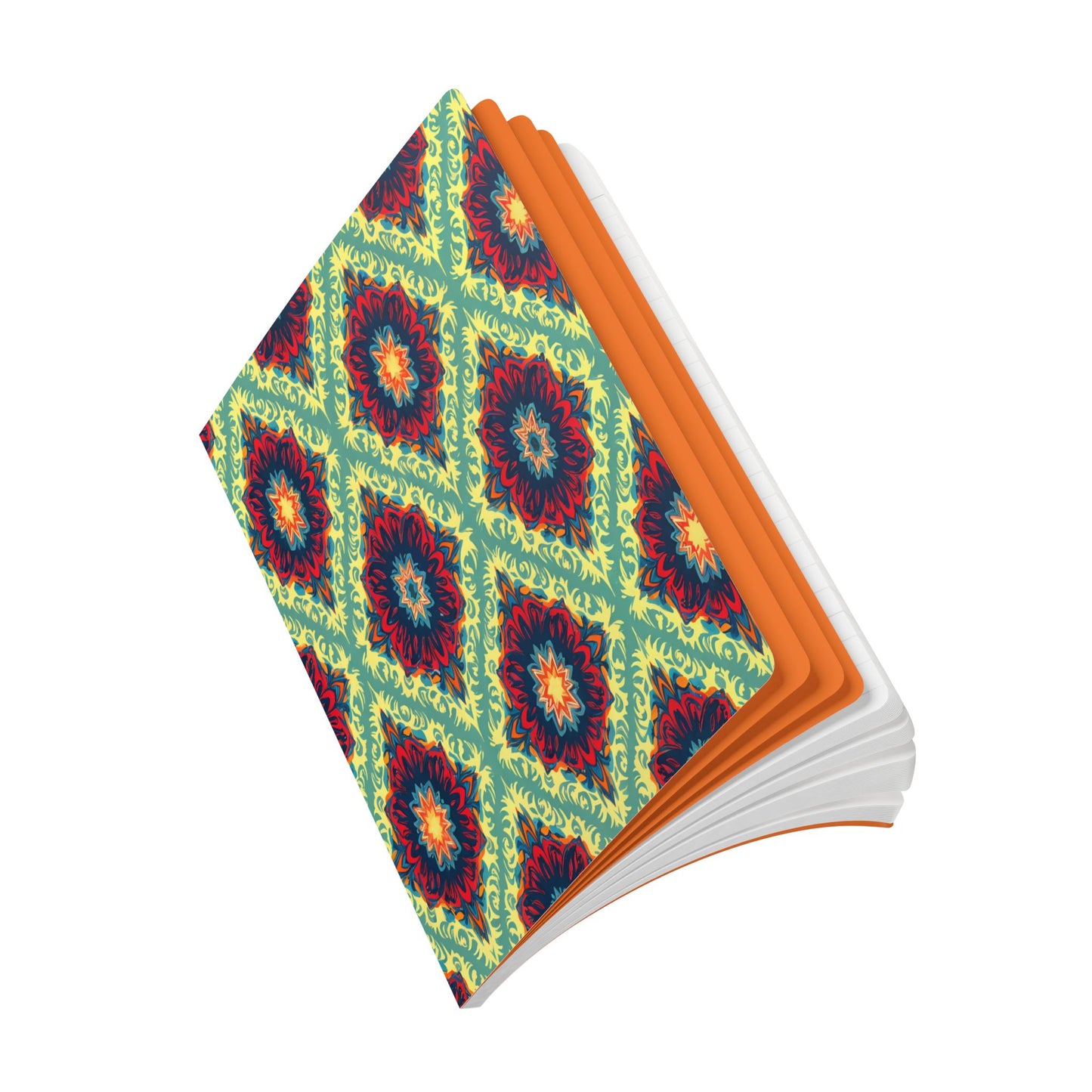 An open African-inspired journal with a vibrant, floral geometric pattern in red, blue, and yellow on the cover. Perfect for creative journaling, it features an orange inner lining and fanned white and light orange pages against a plain white background.