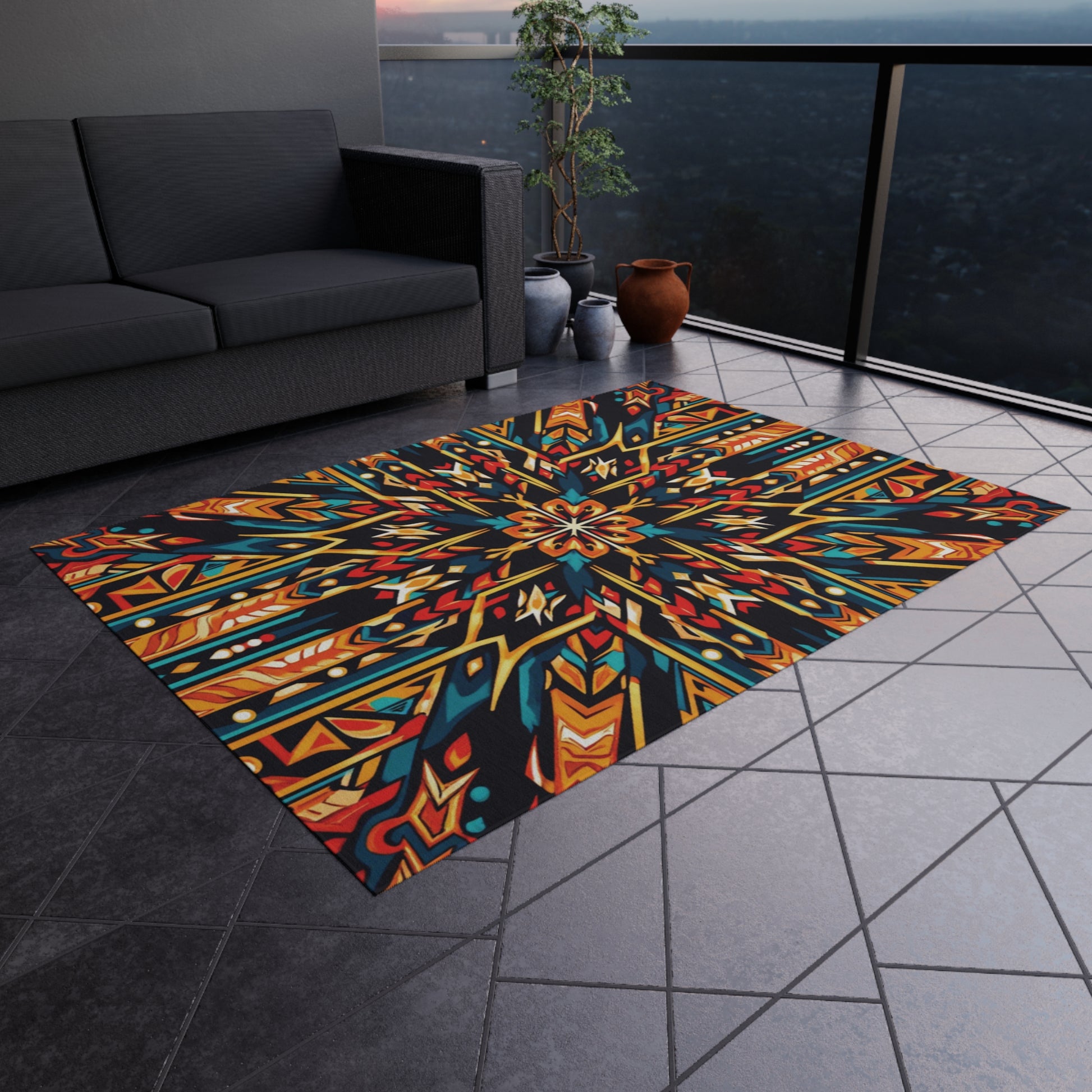 A geometric, multicolored African-inspired outdoor rug crafted from weather-resistant polyester chenille lies on a tiled balcony floor. A gray sofa, potted plant, and vases sit nearby, with a cityscape view beyond the glass railing.