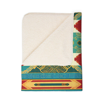 A cozy throw blanket with a cream-colored, soft fleece side and a vibrant, African-inspired patterned side featuring teal, red, yellow, and gold geometric and ornate designs. The blanket is partially folded to showcase both textures and patterns.