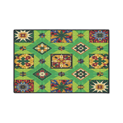 A colorful quilt with a geometric patchwork pattern features star, diamond, and floral designs in vibrant tones, arranged in symmetrical blocks on a green background—perfect for custom floor mats with African-inspired aesthetics.