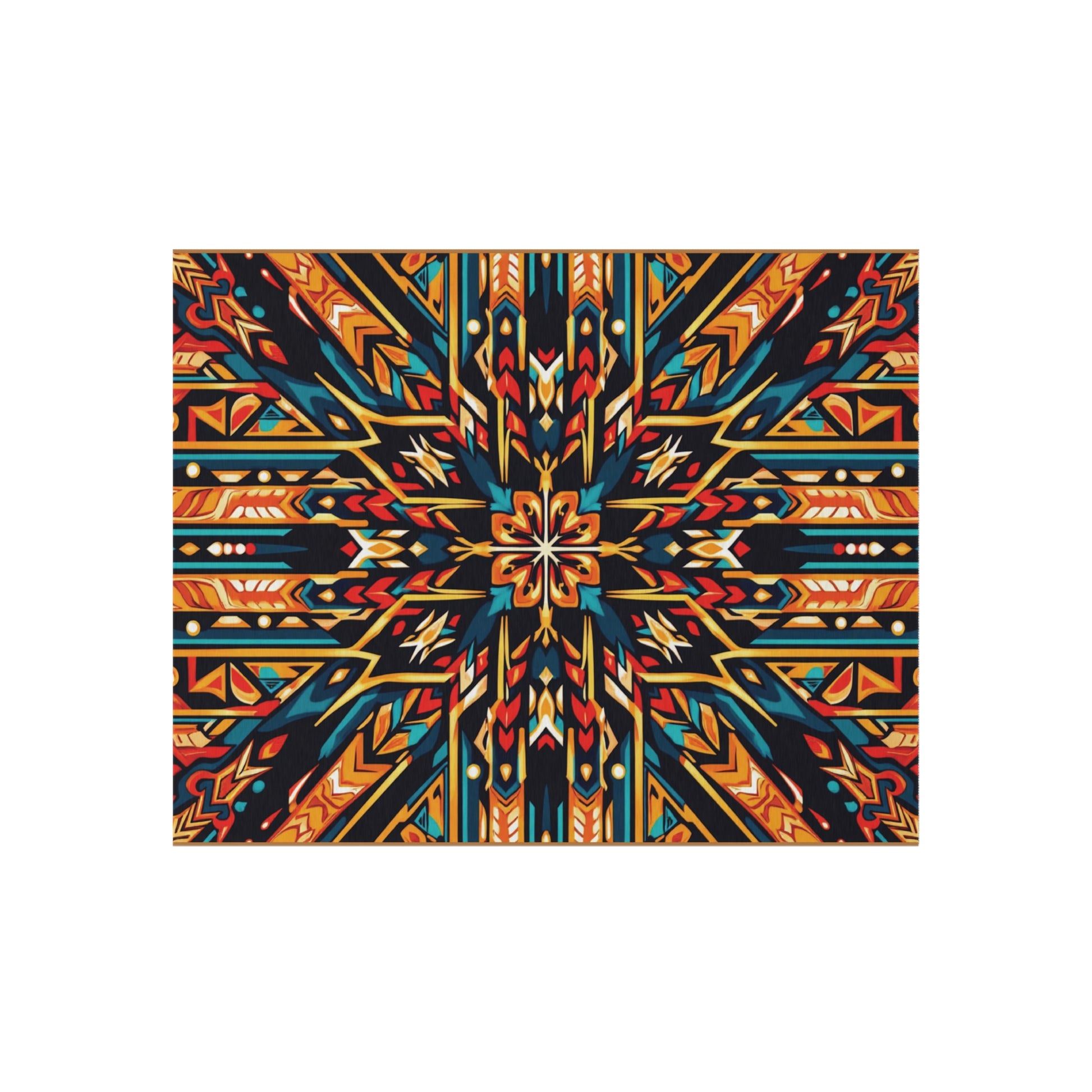 A symmetrical, geometric pattern with bold zigzags, arrows, and diamonds in vibrant hues radiates outwards on a white background—crafted from weather-resistant polyester chenille and ideal for African-inspired outdoor rugs with no-slip backing.