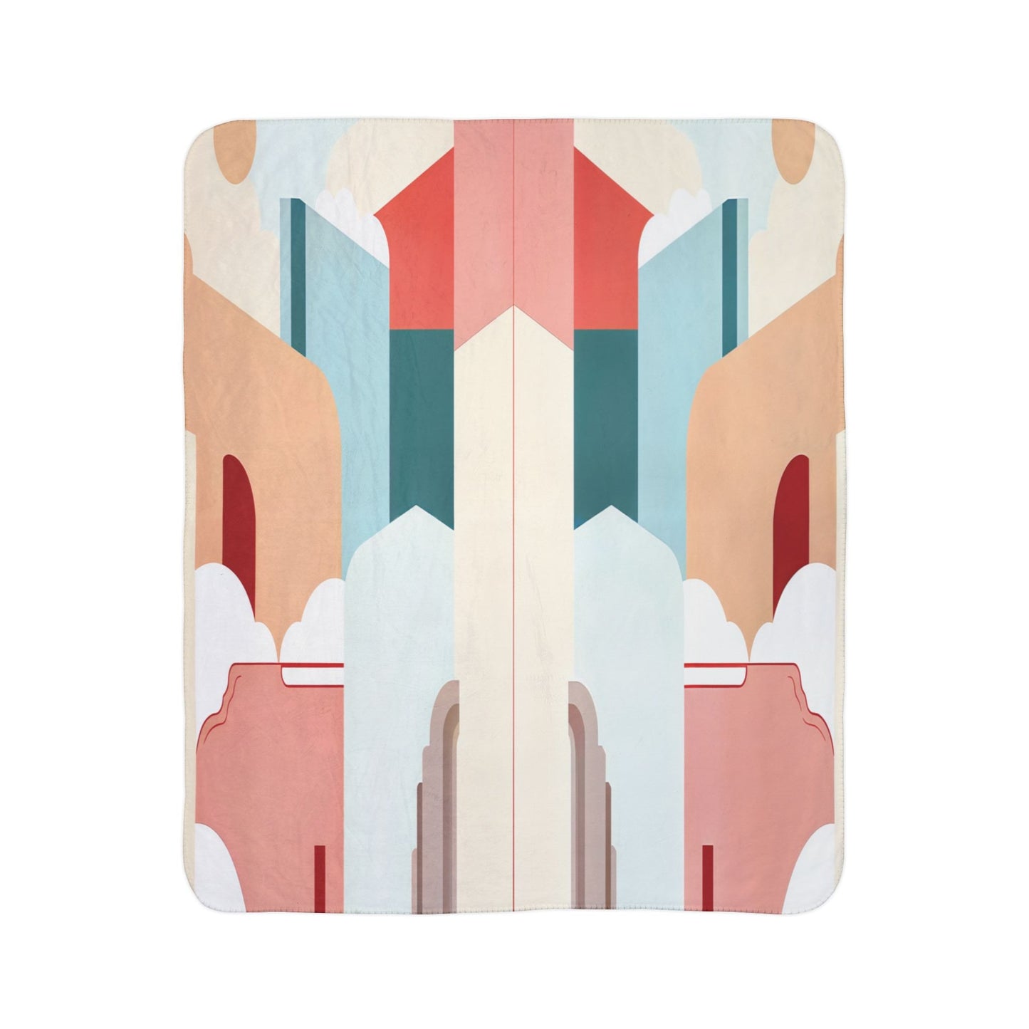 Abstract geometric illustration on a blanket, featuring African-inspired mirrored pastel shapes in peach, pink, teal, and cream. The design resembles stylized buildings with arches, staircases, and clouds for a dreamy architectural landscape.