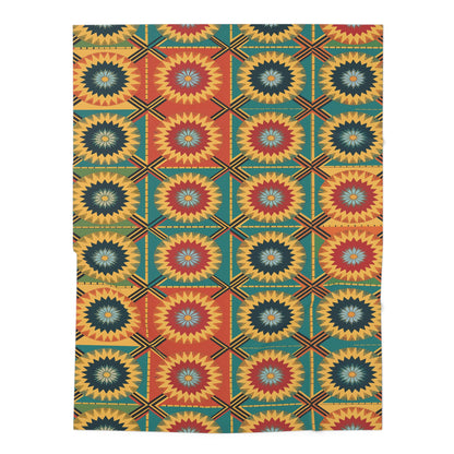 A rectangular textile with a repeating geometric pattern of starburst shapes in red, yellow, green, and black. Perfect for African-inspired decor or as a customizable baby blanket, its quilt-like design adds symmetry and vibrance to any space.