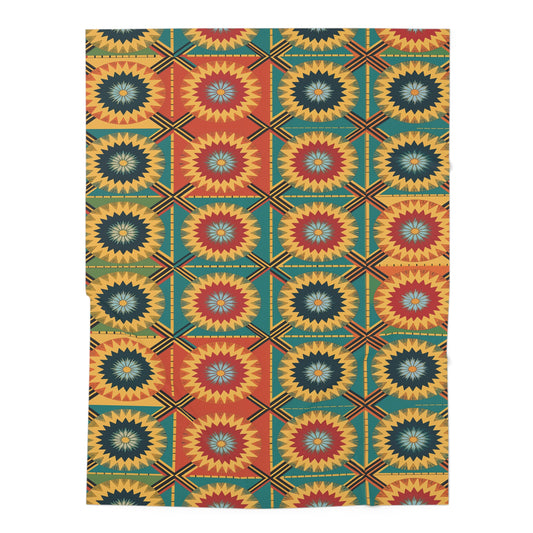 A rectangular textile with a repeating geometric pattern of starburst shapes in red, yellow, green, and black. Perfect for African-inspired decor or as a customizable baby blanket, its quilt-like design adds symmetry and vibrance to any space.
