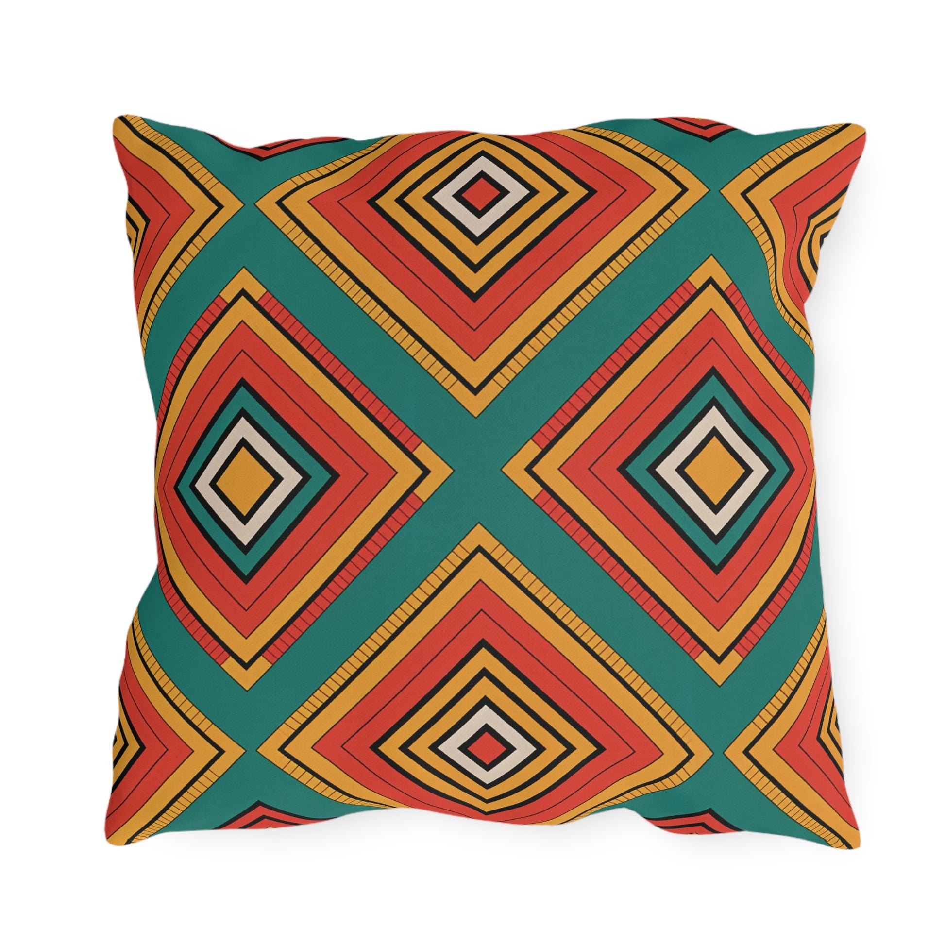 A square outdoor pillow featuring a bold geometric diamond pattern. Layered in vibrant colors against a teal background, its symmetrical design is lively and modern. Crafted from weatherproof materials, its perfect for adding style outdoors.